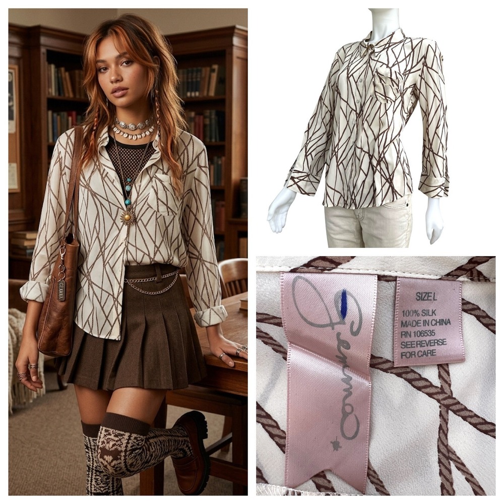 Vintage Y2K Gemma Silk Blouse Button Down Shirt Cream‎ Lattice Office Siren Sz L